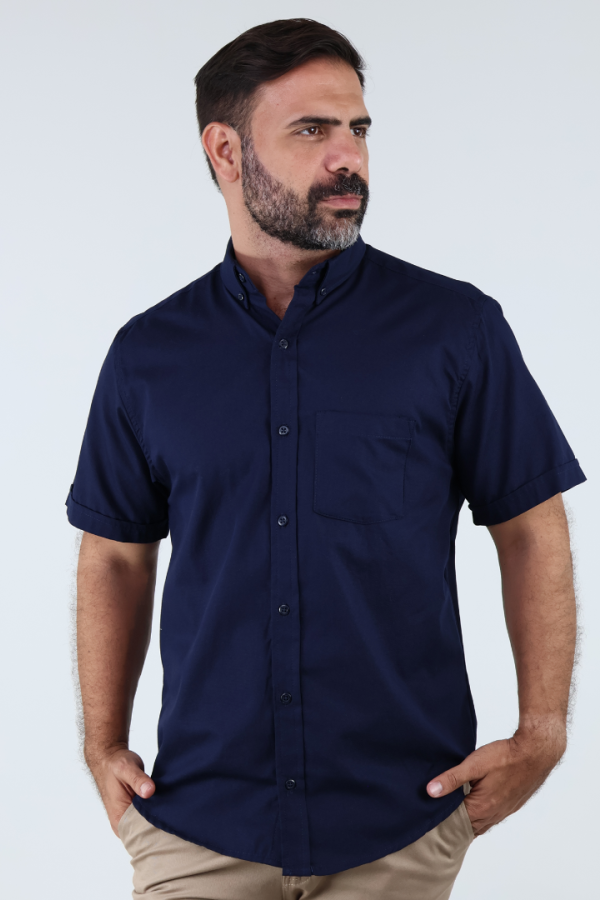 Camisa de Vestir Casual Uniforme Manga Corta Azul Marino para Hombre